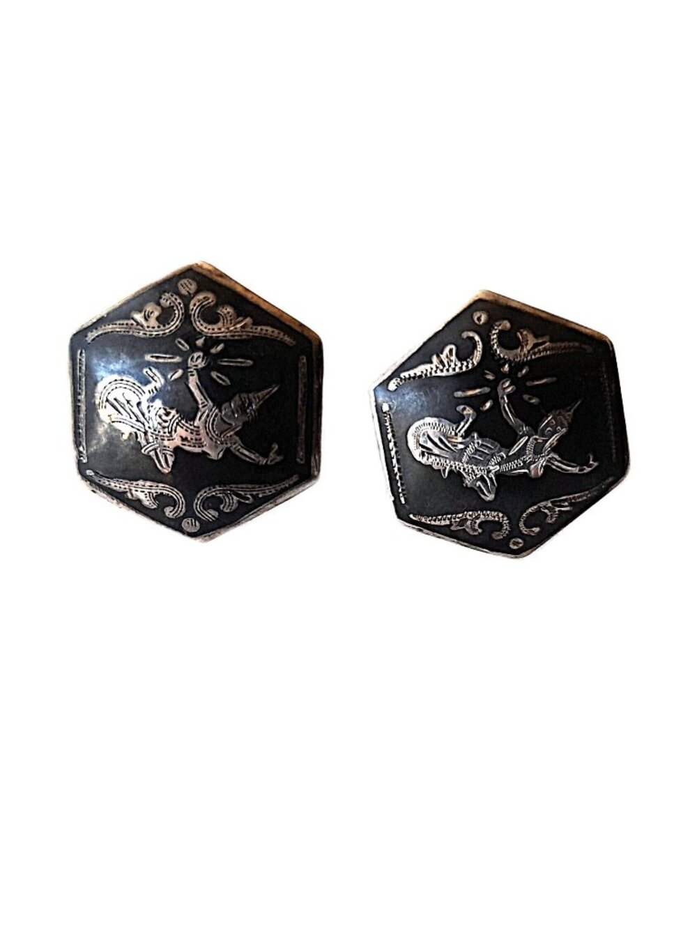 Vintage Siam Sterling Silver Earrings Niello Screwbacks